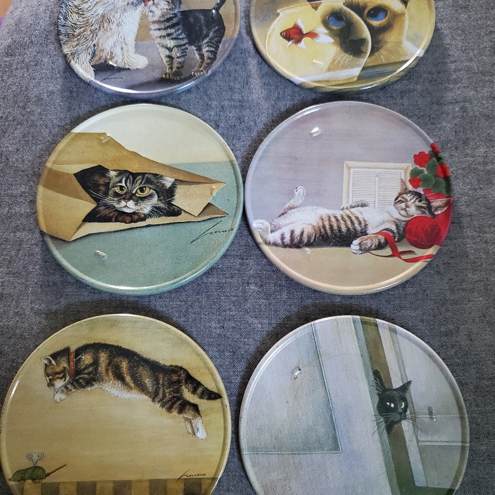 Vintage TIN CATS coasters/siamese Etc./1980s Vandor/ L.herrero/made In Hong Kong